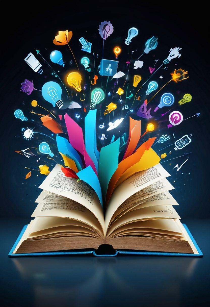 A captivating open book with dynamic, colorful pages flying out, symbolizing the unfolding of knowledge and quick reads. Surrounding the book are various digital devices like tablets and smartphones displaying snippets of text. Include bright, engaging icons like light bulbs and arrows to represent quick insights and ideas. The background should be a soft gradient of blues and yellows, conveying a sense of clarity and enthusiasm. vibrant colors. super-realistic.