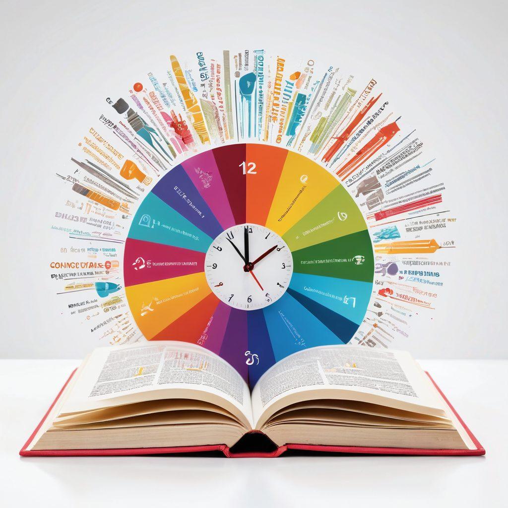 An open book with pages turning, symbolizing rapid reading, surrounded by colorful infographics and bullet points illustrating concise summaries. In the background, a clock with fast-moving hands represents the idea of quick reads. The overall composition conveys the blend of art and efficiency in summarization. vibrant colors. clean white background.