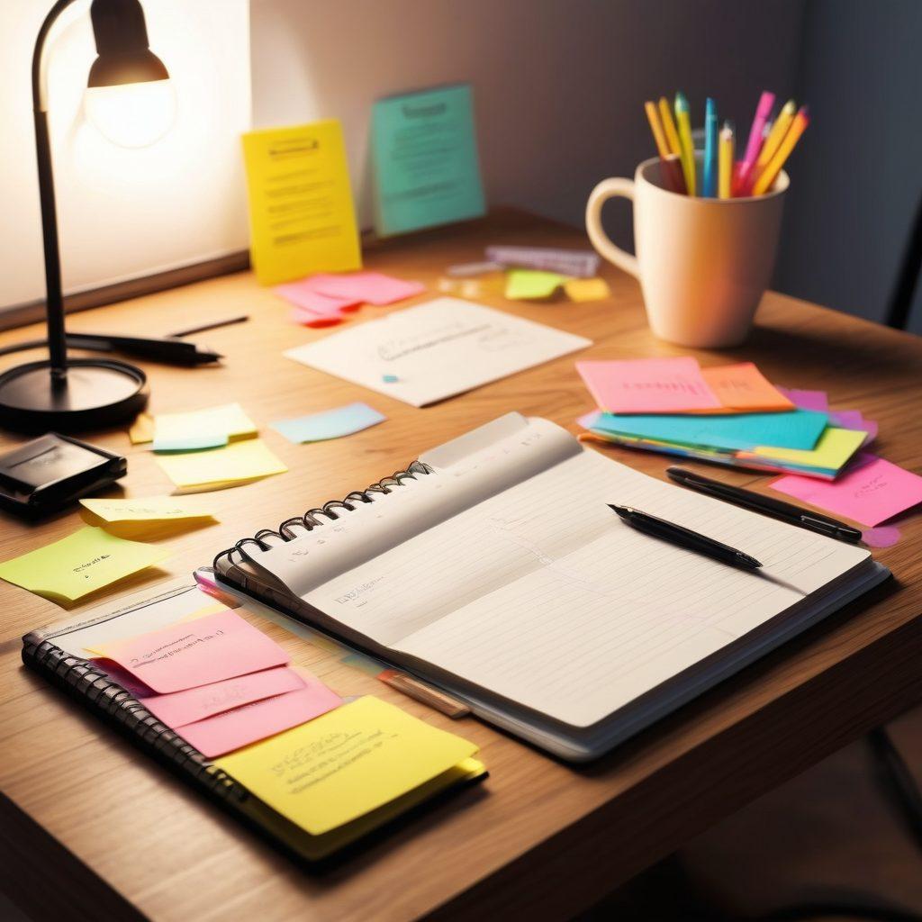 A modern, minimalistic desk with an open notebook showcasing succinct descriptions, surrounded by colorful sticky notes and a sleek pen. In the background, a glowing light bulb symbolizes bright ideas, while a coffee cup adds warmth to the scene. The overall atmosphere should be creative yet professional. vibrant colors. 3D.